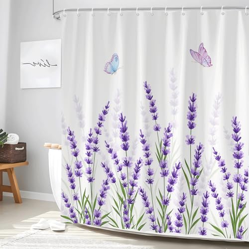Lavender Floral Shower Curtain - 70x70 inch Polyester Bathroom Decor Set with Hooks