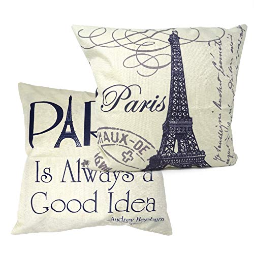 Paris Eiffel Tower 18x18 Inch Cotton Linen Throw Pillow Covers - Set of 2