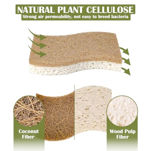 DEBETOOL 14-Pack Natural Coconut Cellulose Sponges - S Shape Eco-Friendly Kitchen Cleaning Set