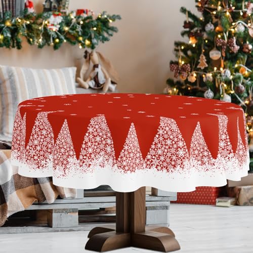 Christmas Tablecloth 70 Inch Round Red Snowflakes Tree Theme Spillproof Washable Fabric Xmas Decor - Variation Xmas Tc 08 / 70"
