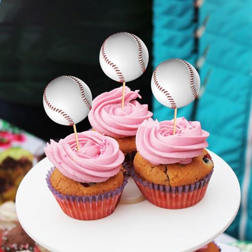Baseball Cupcake Toppers - 24-Pack White Baseball Decorations