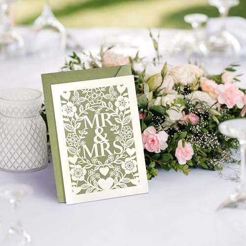 Sage Green Laser-Cut Floral Heart Wedding Card for Newlyweds