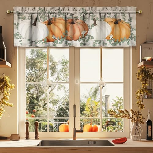 Pumpkin Eucalyptus Farmhouse Kitchen Curtain Set 3-Piece 53"W x 54"L Orange