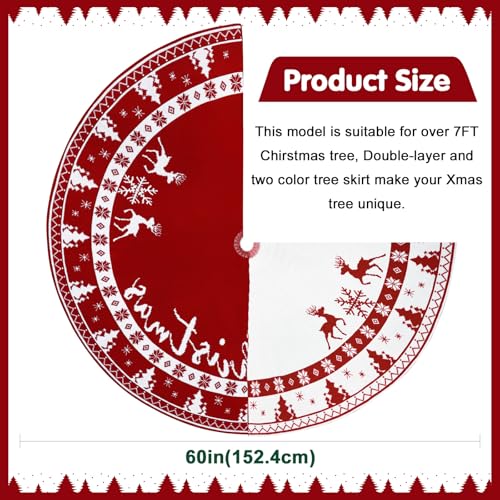 Reindeer Christmas Tree Skirt 60 Inch Knit Red & White Dual-Side Decorative Cover