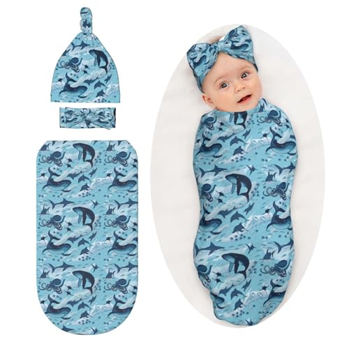 Sea Waves Baby Swaddle Blanket Set with Headband for Newborns