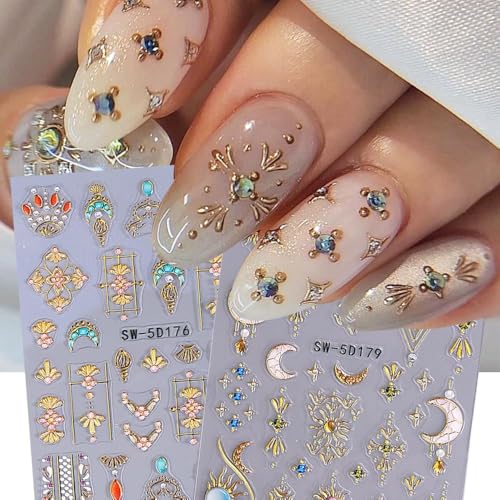 5D Embossed Sun Moon Nail Art Stickers Bohemian Metallic Gold Decals