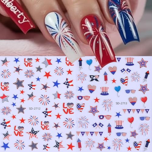 4th of July 5D Embossed Nail Stickers - 6 Sheets Patriotic Stars & Fireworks