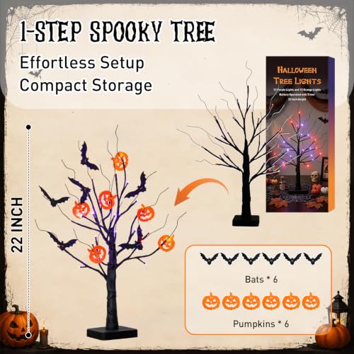 EAMBRITE 22-Inch Halloween Tree with LED Lights and Bat & Pumpkin Ornaments