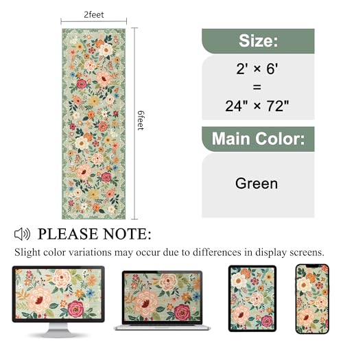 Green 2x6 Runner Rug for Hallway Washable Non Slip Low Pile Floral