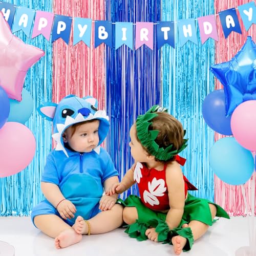Cartoon Birthday Party Fringe Curtains - Blue & Pink Tinsel Backdrop, 2 Pack