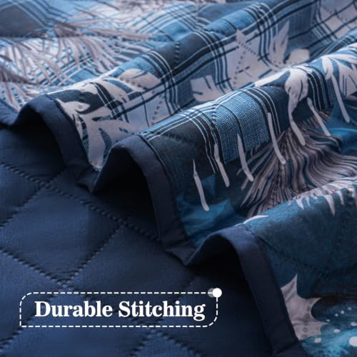 King Size Reversible Christmas Quilts Set with Holiday Tree & Holly Berry - Blue, 3 Piece