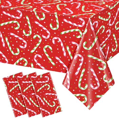 3 Pack Christmas Candy Cane Tablecloths for Rectangular Tables - Red & Green Holiday Decorations
