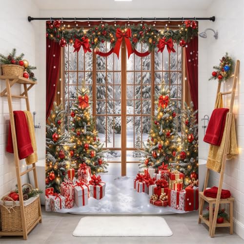 Christmas Snow Scene Shower Curtain 70x70 Inches - Winter Holiday Bathroom Decor (Pack of 1)