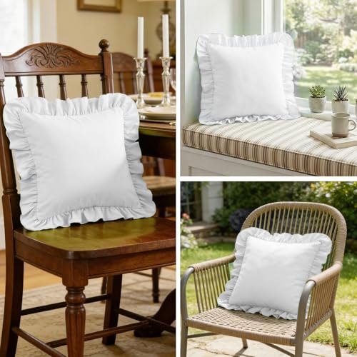 White Ruffle Throw Pillow Covers - Set of 2 Cushion Cases 18x18 inches