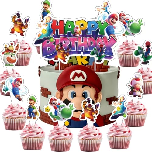 25Pcs Mario Themed Birthday Cake Decoration Set with Cupcake Toppers