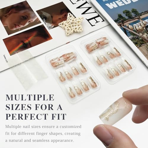 Yellow Ombre Medium Square Press On Nails with White Curve Lines & Gold Glitter (48PCS)