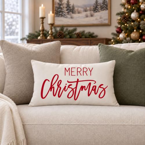 Merry Christmas Pillow Cover 12x20 Inch - Cream Red Holiday Decor