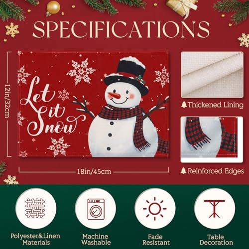 Christmas Snowman Placemats Set of 4 & Table Runner - Holiday Kitchen Decor