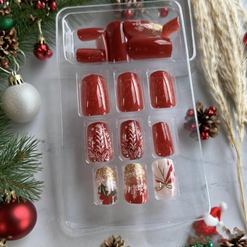 BABALAL Red Christmas Press on Nails Medium Square Gold Glitter False Nails