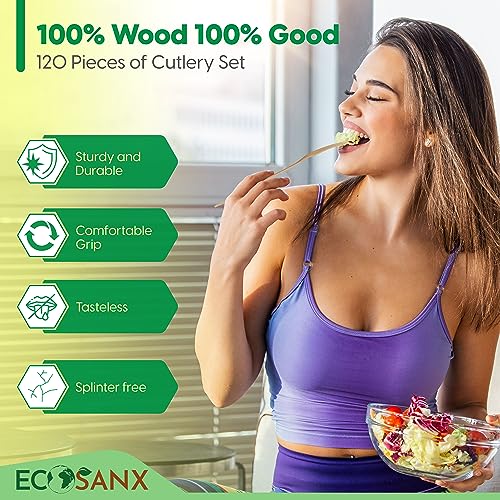ECOSANX 120-Piece Disposable Wooden Spoons, 6.5" Eco-Friendly Compostable Cutlery
