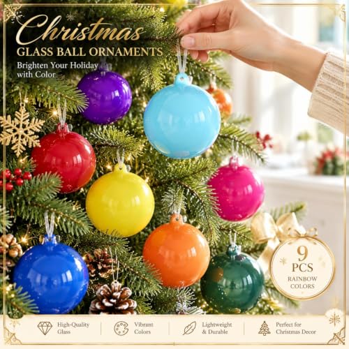 FoldTier 9pcs 3-Inch Colorful Glass Christmas Ornaments - Warm Color Variation