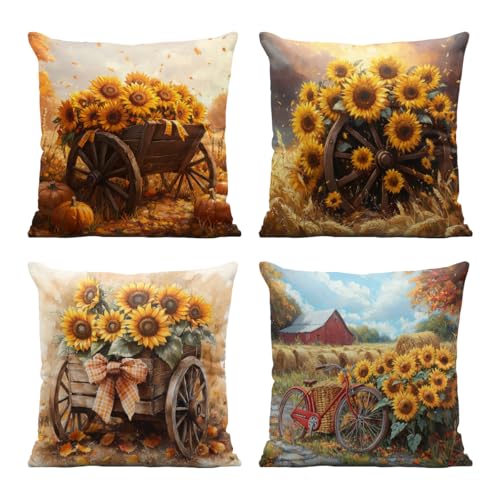 Sunflower Throw Pillow Covers 18x18 (Set of 4) - Double-Sided Design