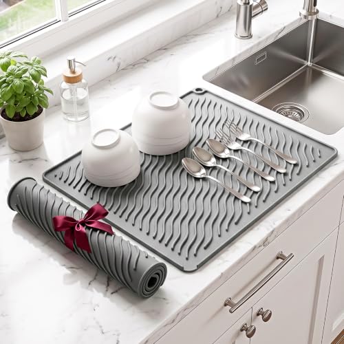 Kitsure Silicone Dish Drying Mat, 2 Pack - Heat-Resistant & Fast-Draining, 17.7" x 13.8" - Dark Gray