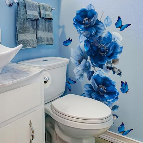 Blue Peony Flower Wall Decals with Butterflies - Removable Vinyl Stickers