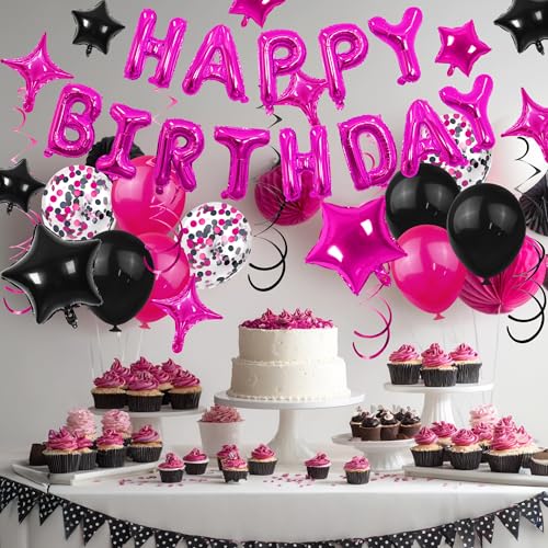 56-Piece Happy Birthday Balloon Set in Rose Red & Black
