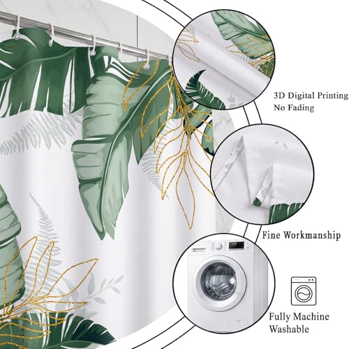 Tropical Palm Leaf Shower Curtain, Green Gold Monstera, 72x72 Inch