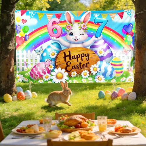 Happy Easter Bunny Backdrop Banner - 72x44in Spring Party Decor