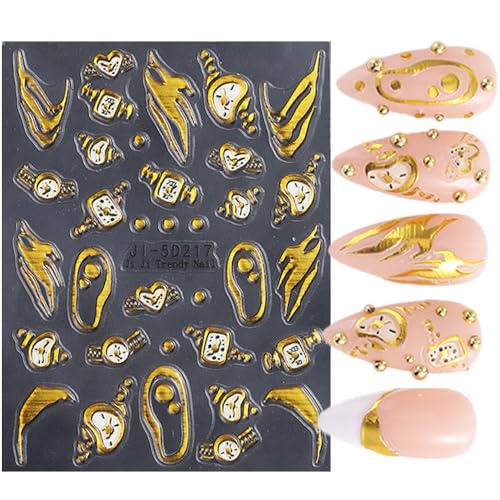 5D Embossed Gold Foil Nail Stickers Clock & French Tip Decals