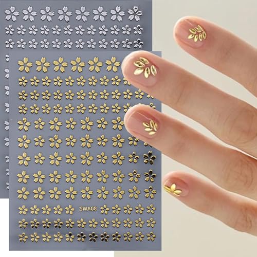 3D Cherry Blossom Nail Stickers Metallic Silver Gold Sakura Nail Decals