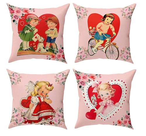 PAMBO Valentine's Day Throw Pillow Covers 18x18, Set of 4 Linen Cushion Cases