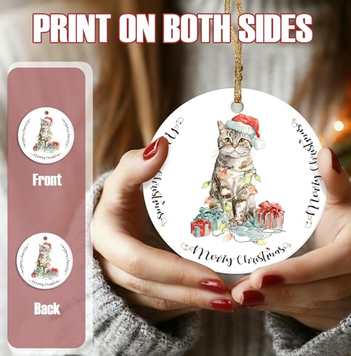 Ceramic Cat Christmas Ornament - Double-Sided Holiday Tree Decor