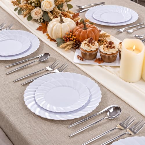 White Plastic Plates for Party Set - Scalloped Edges, 60 Pcs, Dinner & Dessert