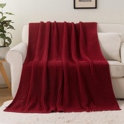 Red Knit Throw Blanket 50x60 Inches Cozy Waffle Couch Blanket - Bunnikins & Clover