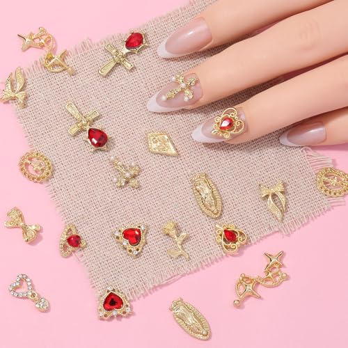 Bratrico 40PCS Gold Nail Charms Set Y2K Baroque 3D Gems with Red Rhinestones