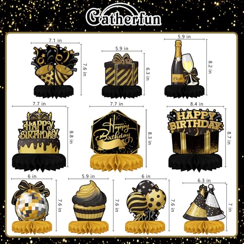 Black Birthday Decorations Set - Black and Gold Honeycomb Centerpieces