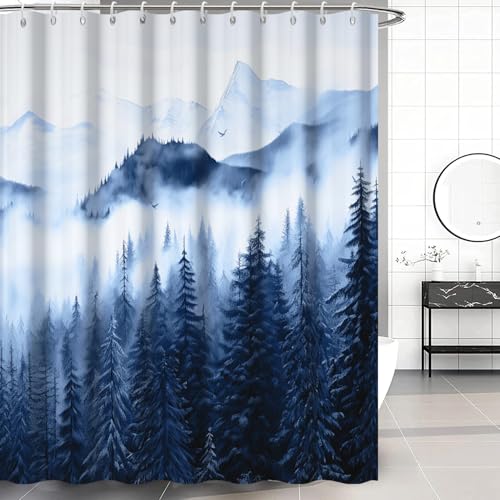 Navy Blue Forest Shower Curtain 72x72 Inch - Waterproof & Machine Washable