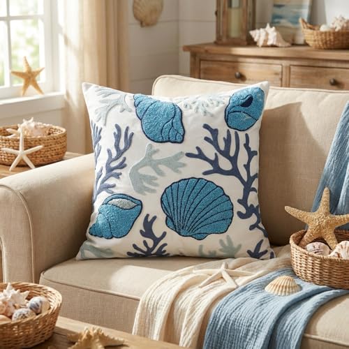 Coastal Decor Pillow Cover – 18x18 Inch Embroidered Coral & Seashell