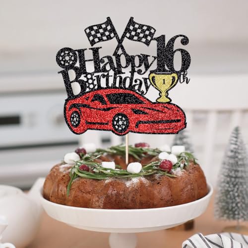 Racing Car 16th Birthday Cake Topper - Checkered Flag Theme