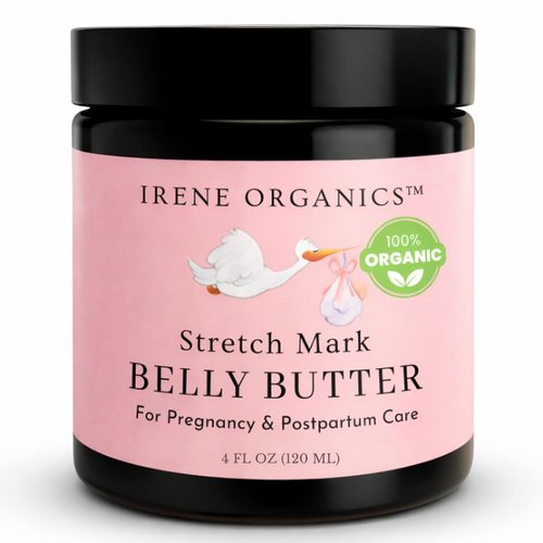 Irene Organics Organic Belly Butter - Award-Winning Stretch Mark Prevention & Treatment Balm 4oz | Hydrating Tummy Cream