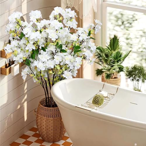 6Pcs 27" White Artificial Cherry Blossom Branches – Silk Floral Decor