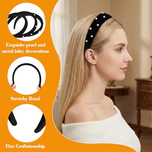 Black Velvet Headbands for Women 3-Piece Set with Pearl and Bee