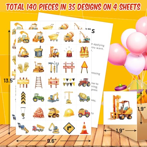 Fancy Land Construction Temporary Tattoos for Kids Party Favors 140 Pcs