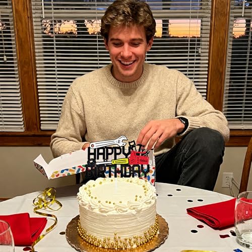 Mechanic Themed Happy Birthday Cake Topper - Glitter Tool Design