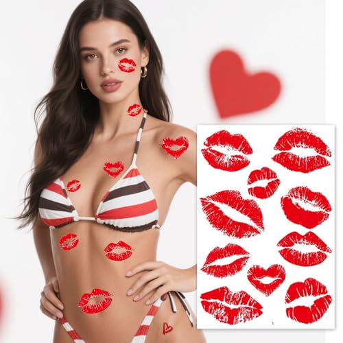 WIWUFUE Valentine's Day Temporary Tattoos 6 Sheets, Waterproof Romantic Hearts & Sexy Lips Body Art Stickers for Couples