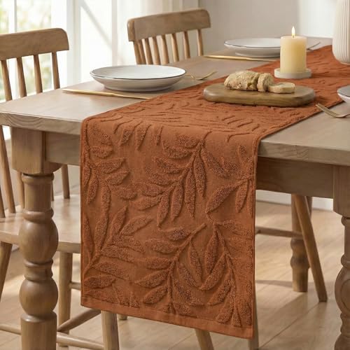 Caramel Soft 3D Jacquard Leaves Cotton Table Runner 13x72 Inch - Spring Holiday Home Decor
