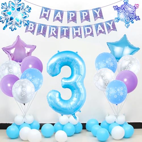 Chlororixia 3rd Birthday Party Decorations with 40 Inch Blue Number 3 Balloon and Festive Foil Snowflake Balloons - Variation 3